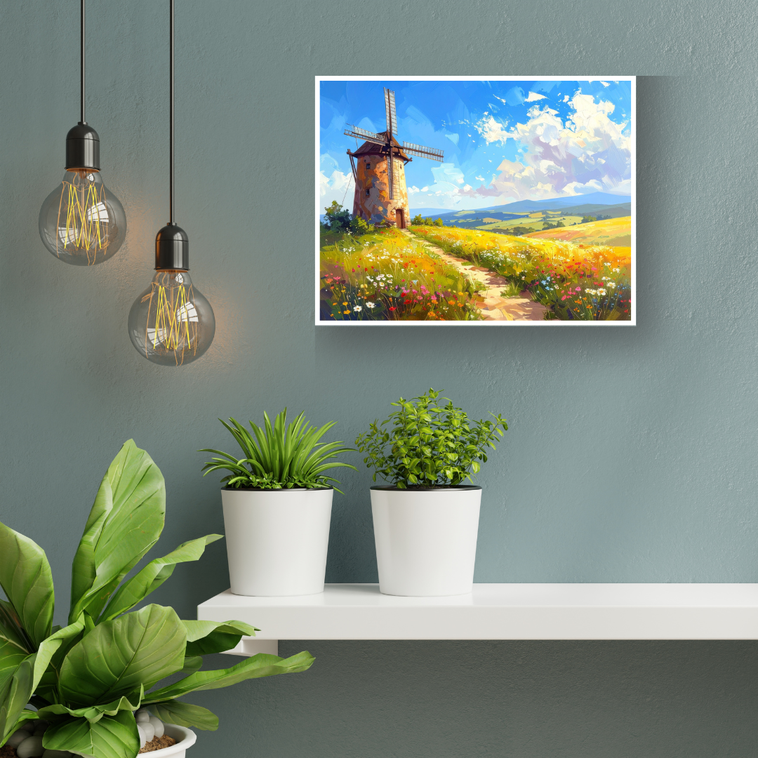 Flower Field Countryside Canvas - Dutch Windmill Wall Art