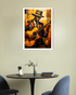 Framed artwork of a man playing guitar on a wall above a table with decor items.
