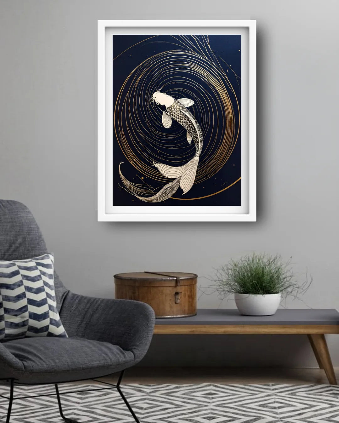 Golden Koi Fish Navy Blue Luxury Wall Art Painting