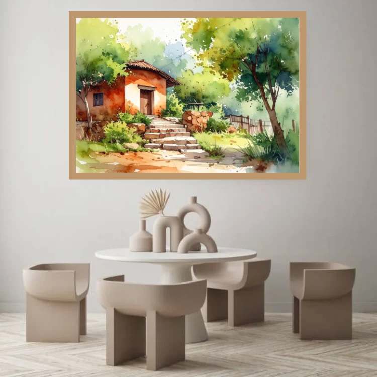 Rustik Indian Village Home Watercolor Canvas Painting - Wall Art Canvas WallArtVibes