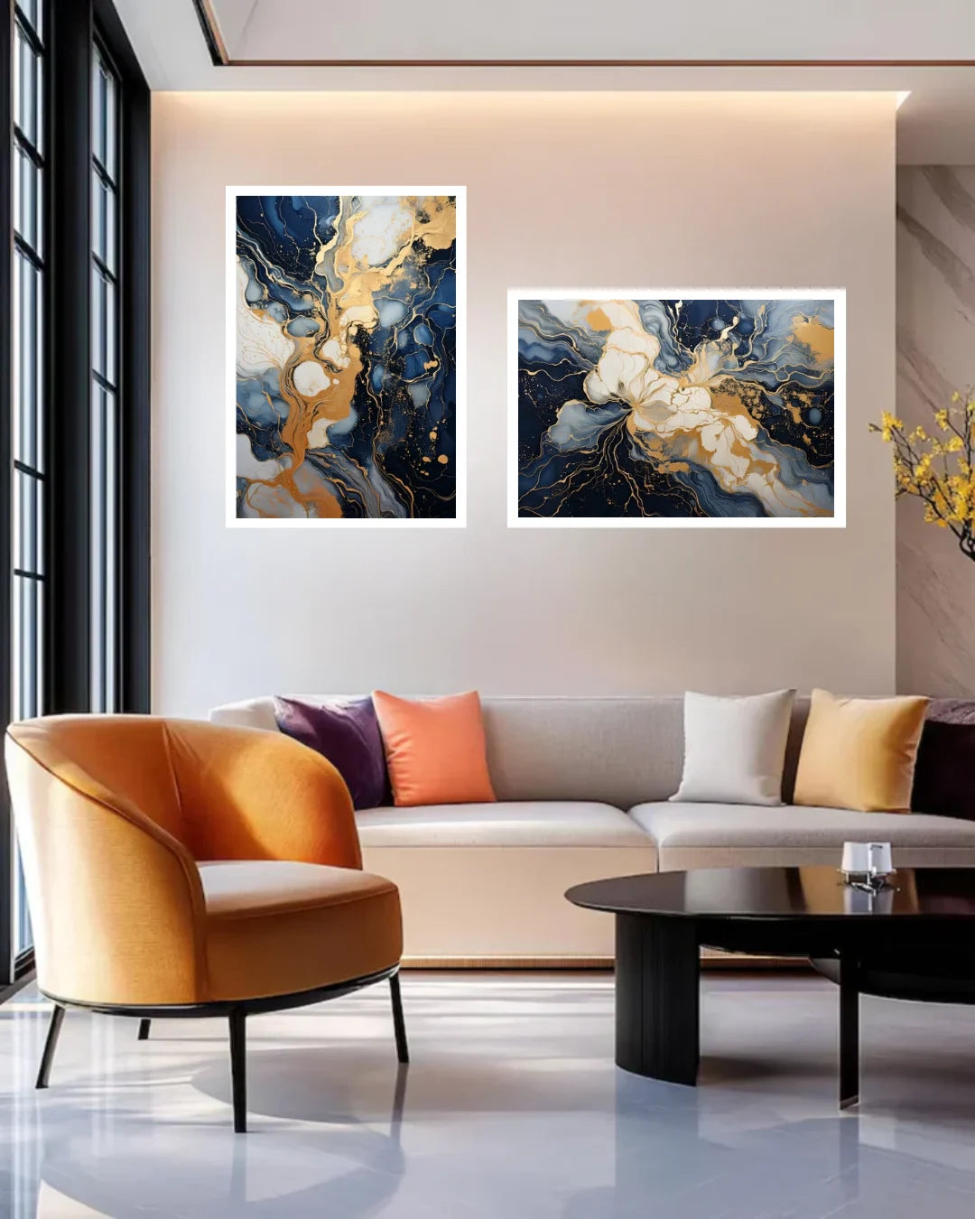 Navy Blue &amp; Gold Abstract Duo – Wall Art Canvas