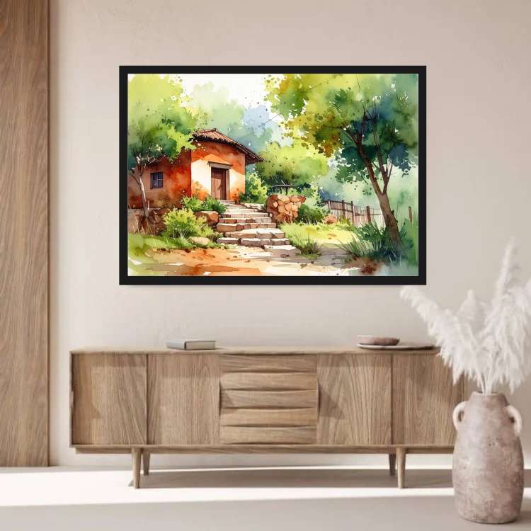 Rustik Indian Village Home Watercolor Canvas Painting - Wall Art Canvas WallArtVibes
