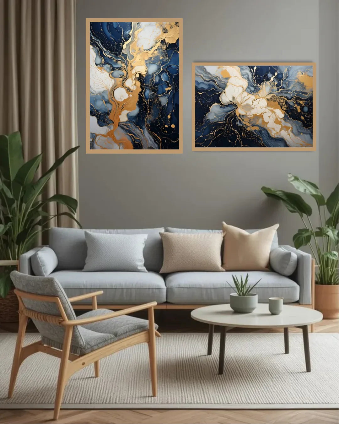 Navy Blue &amp; Gold Abstract Duo – Wall Art Canvas