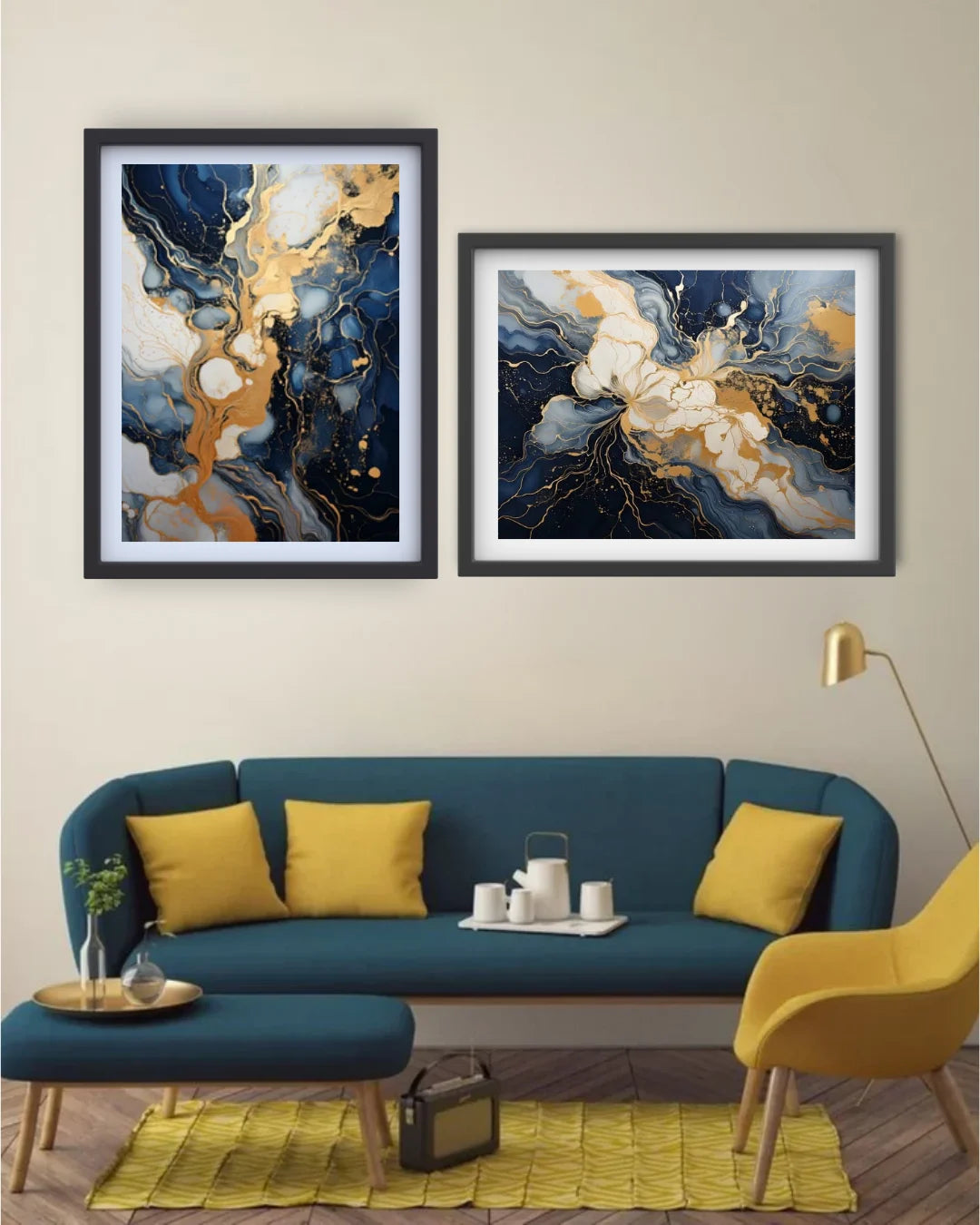 Navy Blue &amp; Gold Abstract Duo – Wall Art Canvas