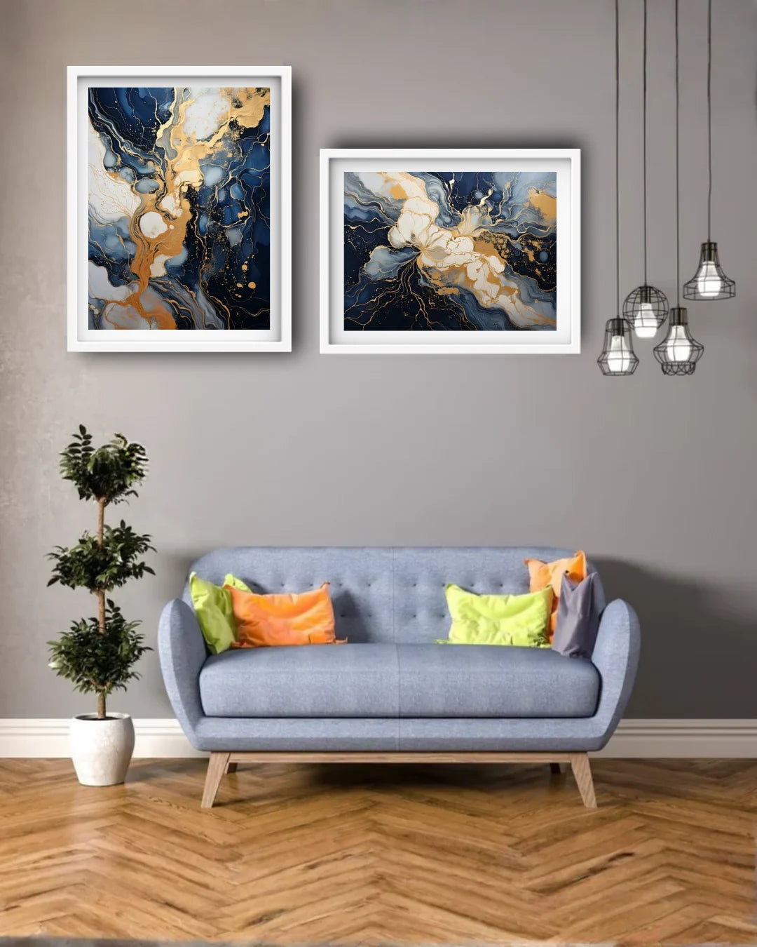 Navy Blue &amp; Gold Abstract Duo – Wall Art Canvas