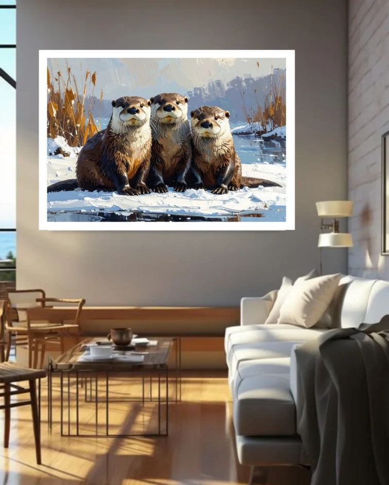 Otter Family Winter Scene - Wall Art Canvas