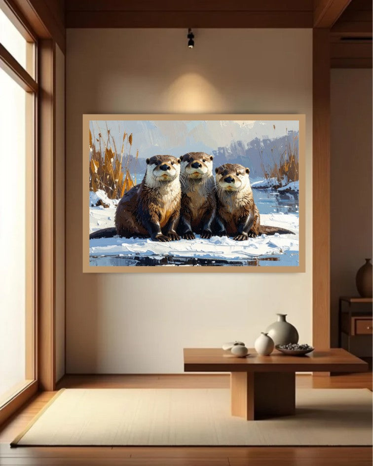 Otter Family Winter Scene - Wall Art Canvas