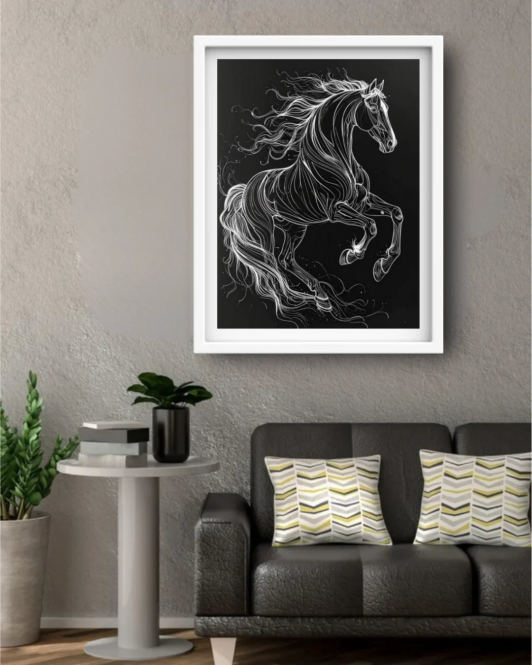 Majestic Black Horse Monochrome Line Art Painting