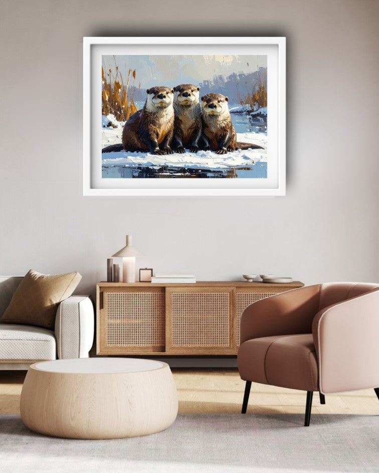 Otter Family Winter Scene - Wall Art Canvas