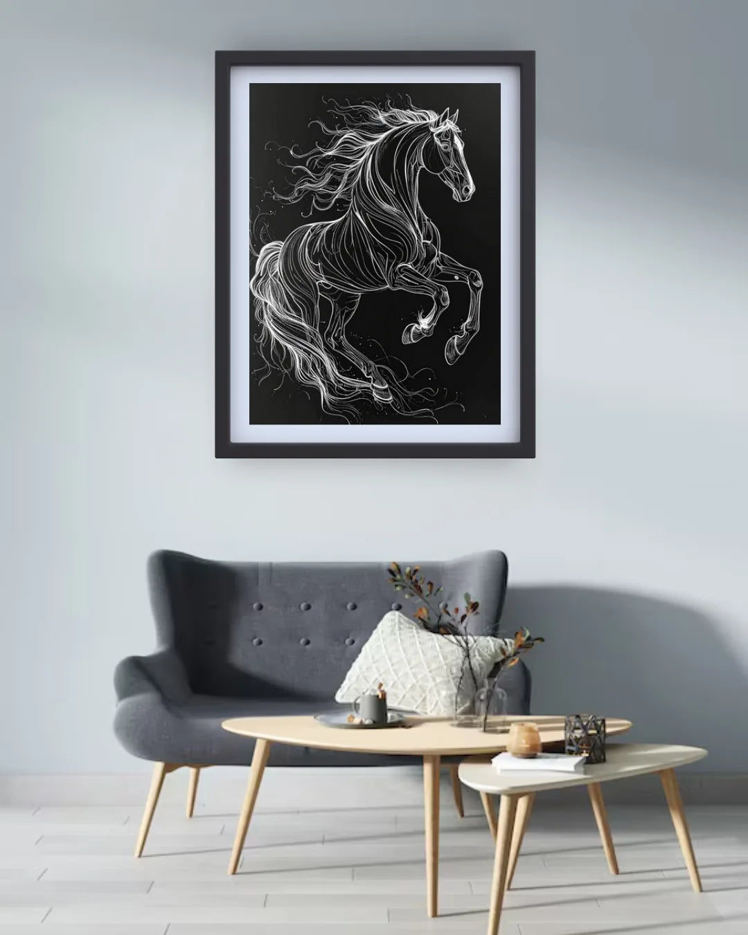 Majestic Black Horse Monochrome Line Art Painting