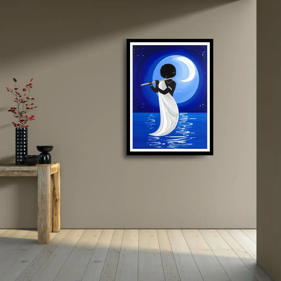 Moonlit Flute Player Wall Art – Mystical Night Canvas Painting for Modern Décor