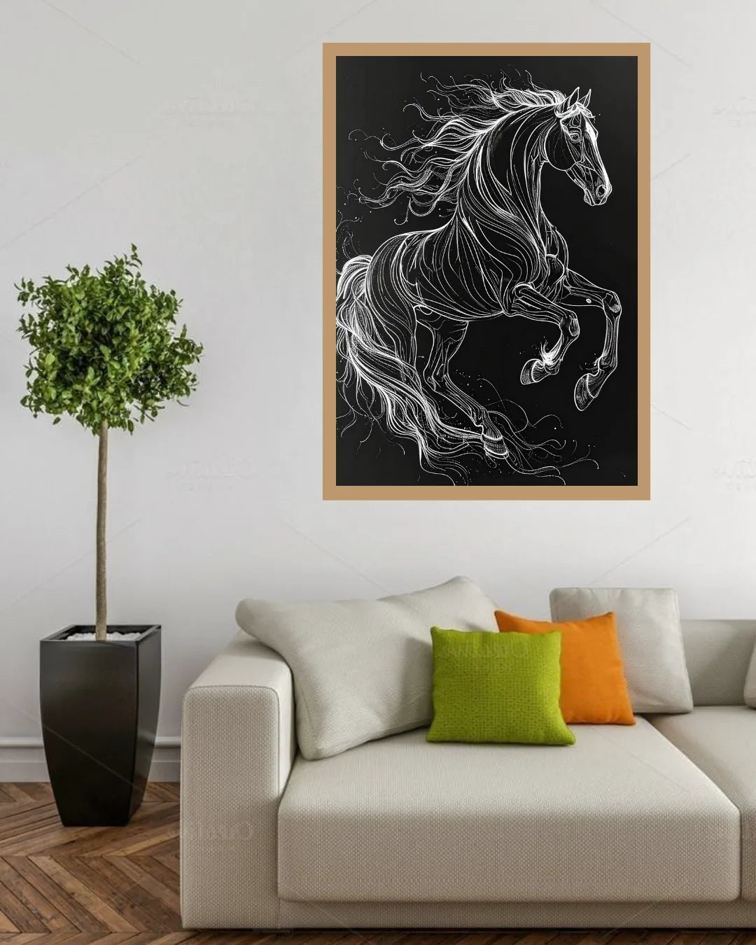 Majestic Black Horse Monochrome Line Art Painting