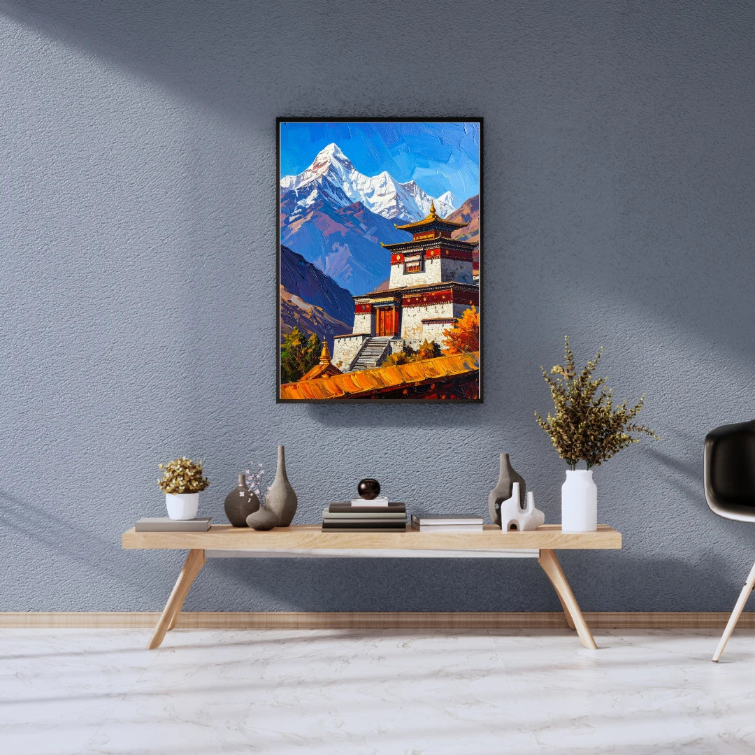 Himalayan mountain temple wall art painting for modern living room decor
