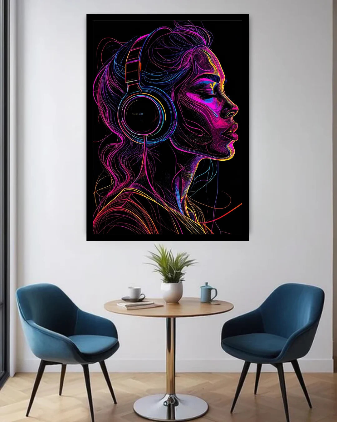 Neon Headphone Girl Music Wall Art Painting WallArtVibes