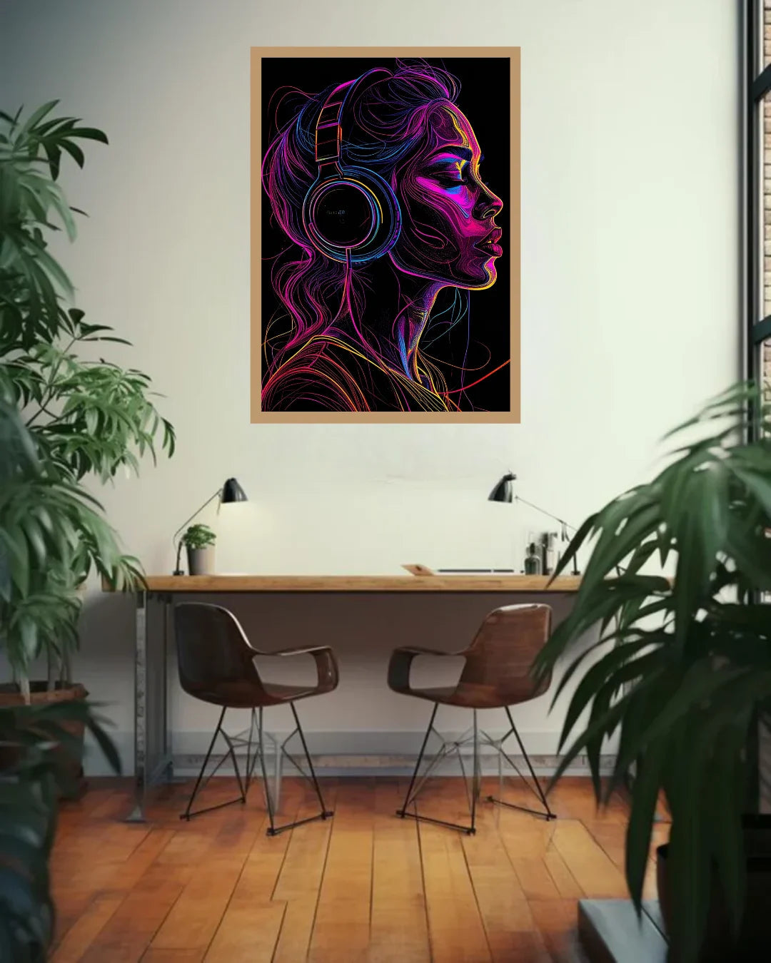 Neon Headphone Girl Music Wall Art Painting WallArtVibes