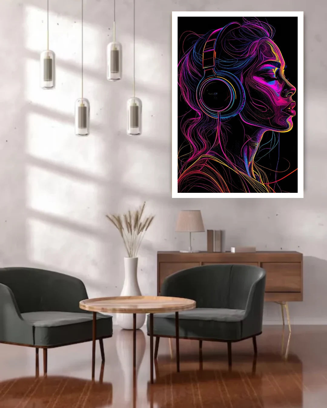 Neon Headphone Girl Music Wall Art Painting WallArtVibes