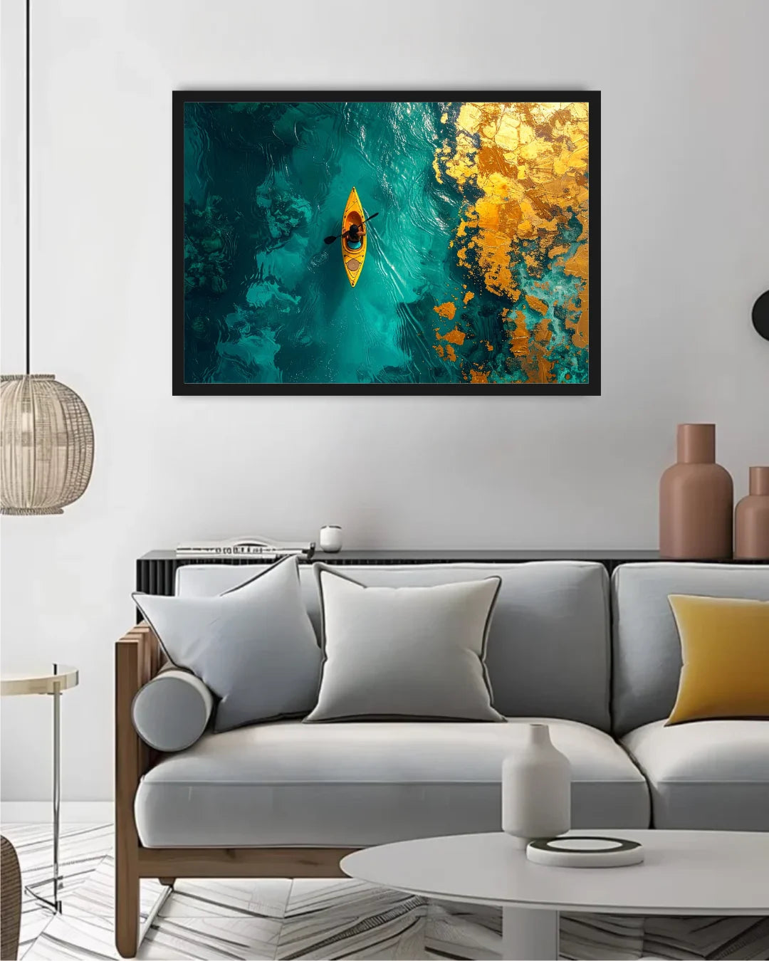 Golden Kayak on Emerald Waters Abstract Wall Art Painting WallArtVibes