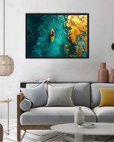 Golden Kayak on Emerald Waters Abstract Wall Art Painting WallArtVibes