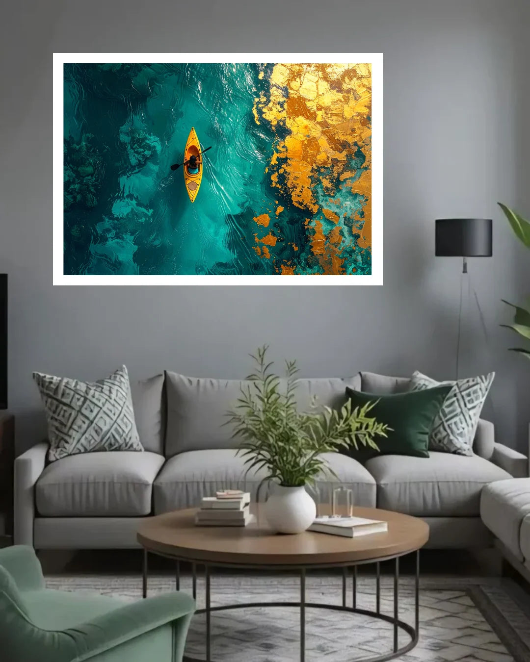 Golden Kayak on Emerald Waters Abstract Wall Art Painting WallArtVibes