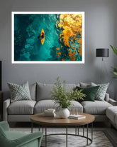 Golden Kayak on Emerald Waters Abstract Wall Art Painting WallArtVibes