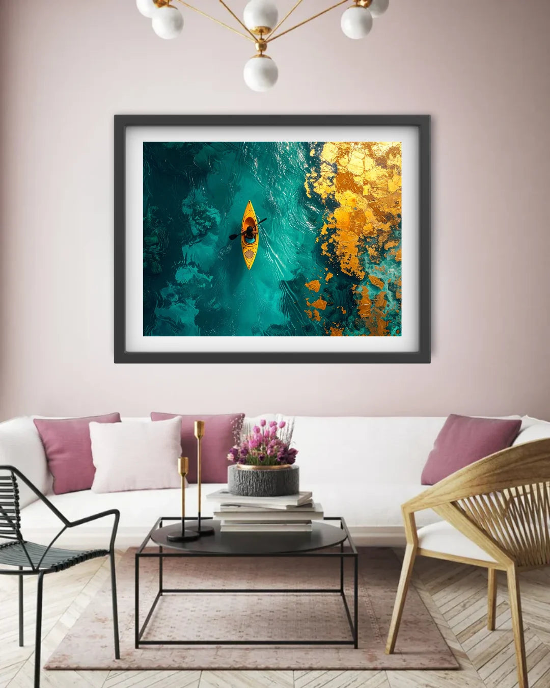 Golden Kayak on Emerald Waters Abstract Wall Art Painting WallArtVibes