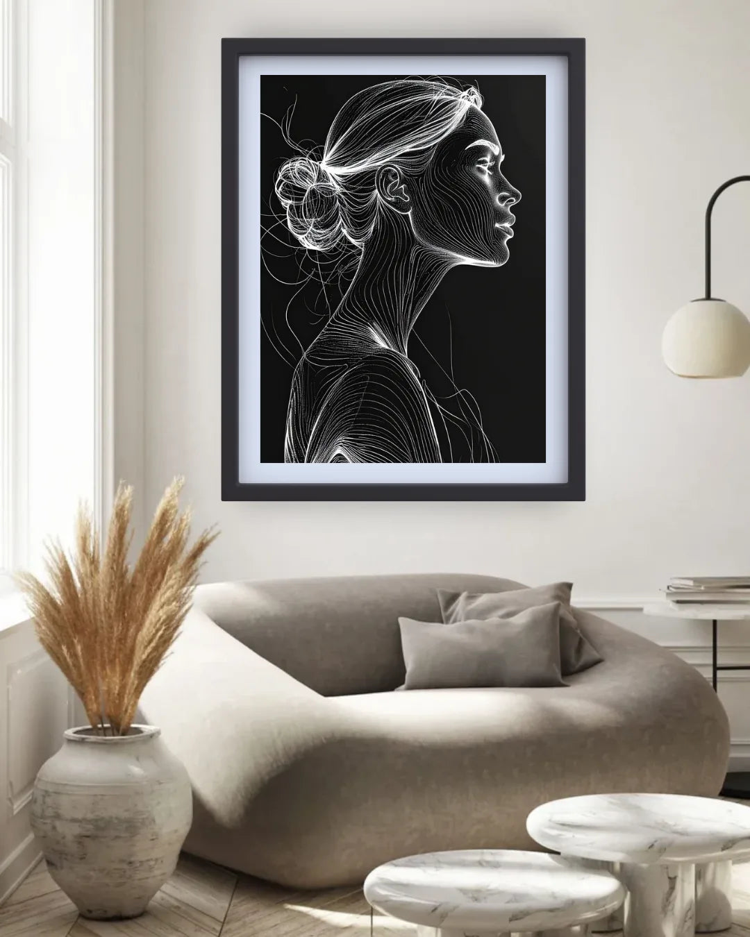 Elegant Woman Monochrome Line Art Portrait Painting WallArtVibes