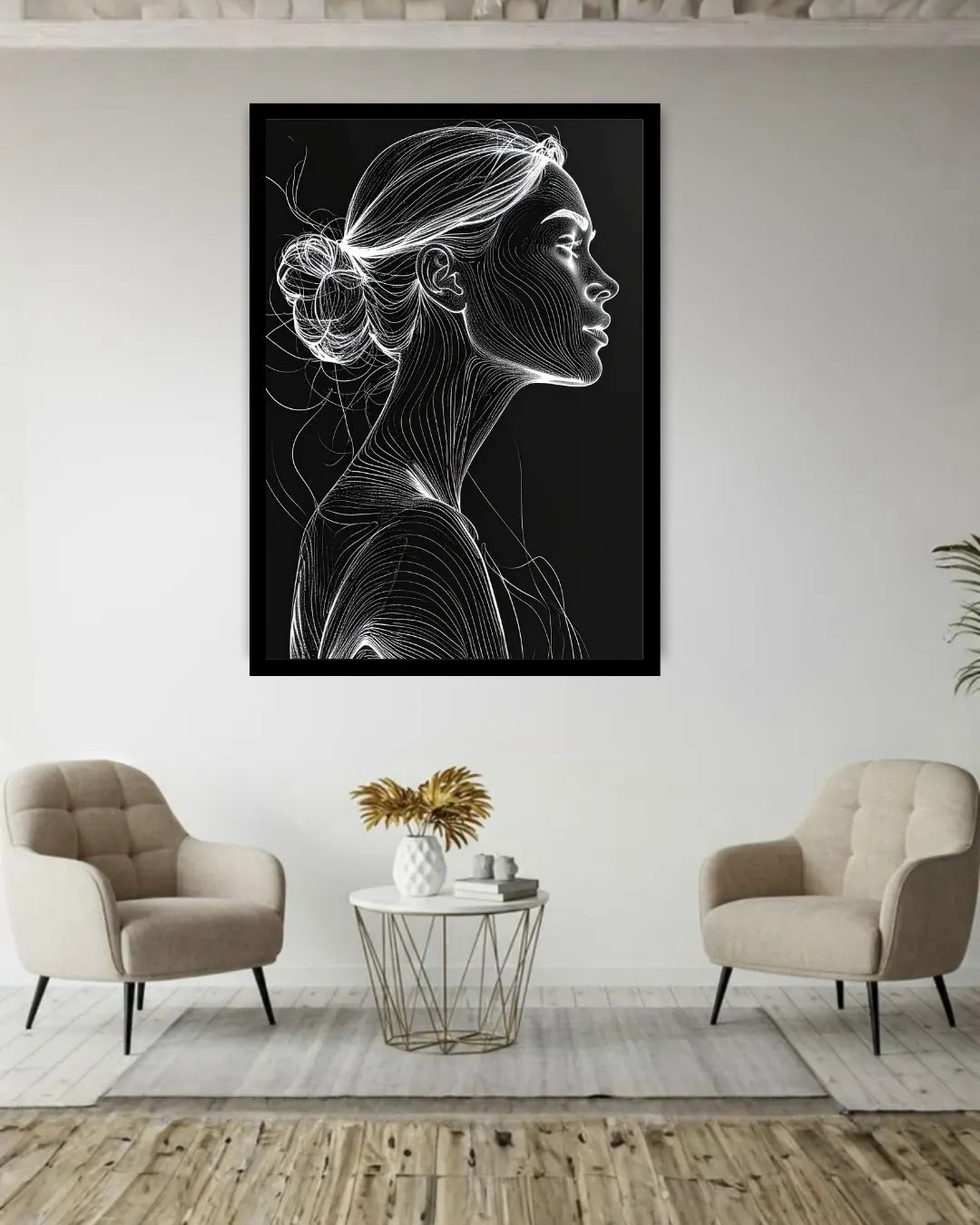 Elegant Woman Monochrome Line Art Portrait Painting WallArtVibes