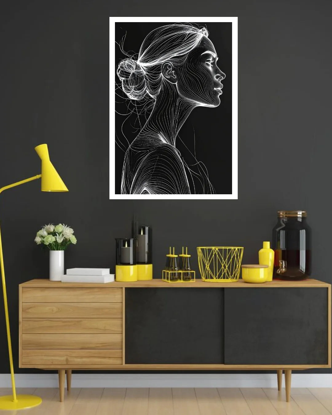 Elegant Woman Monochrome Line Art Portrait Painting WallArtVibes