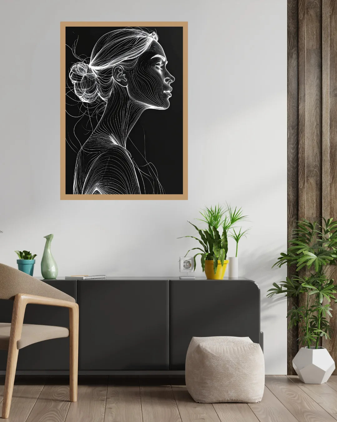 Elegant Woman Monochrome Line Art Portrait Painting WallArtVibes