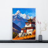 Himalayan mountain temple wall painting displayed in modern living room interior

