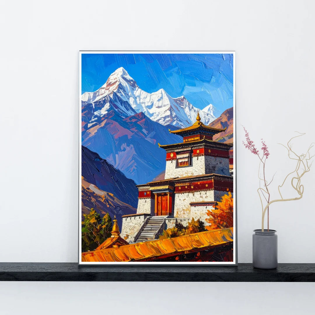 Himalayan mountain temple wall painting displayed in modern living room interior
