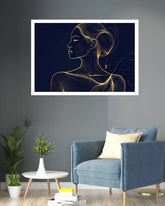 Golden Woman Navy Blue Line Art Wall Painting WallArtVibes