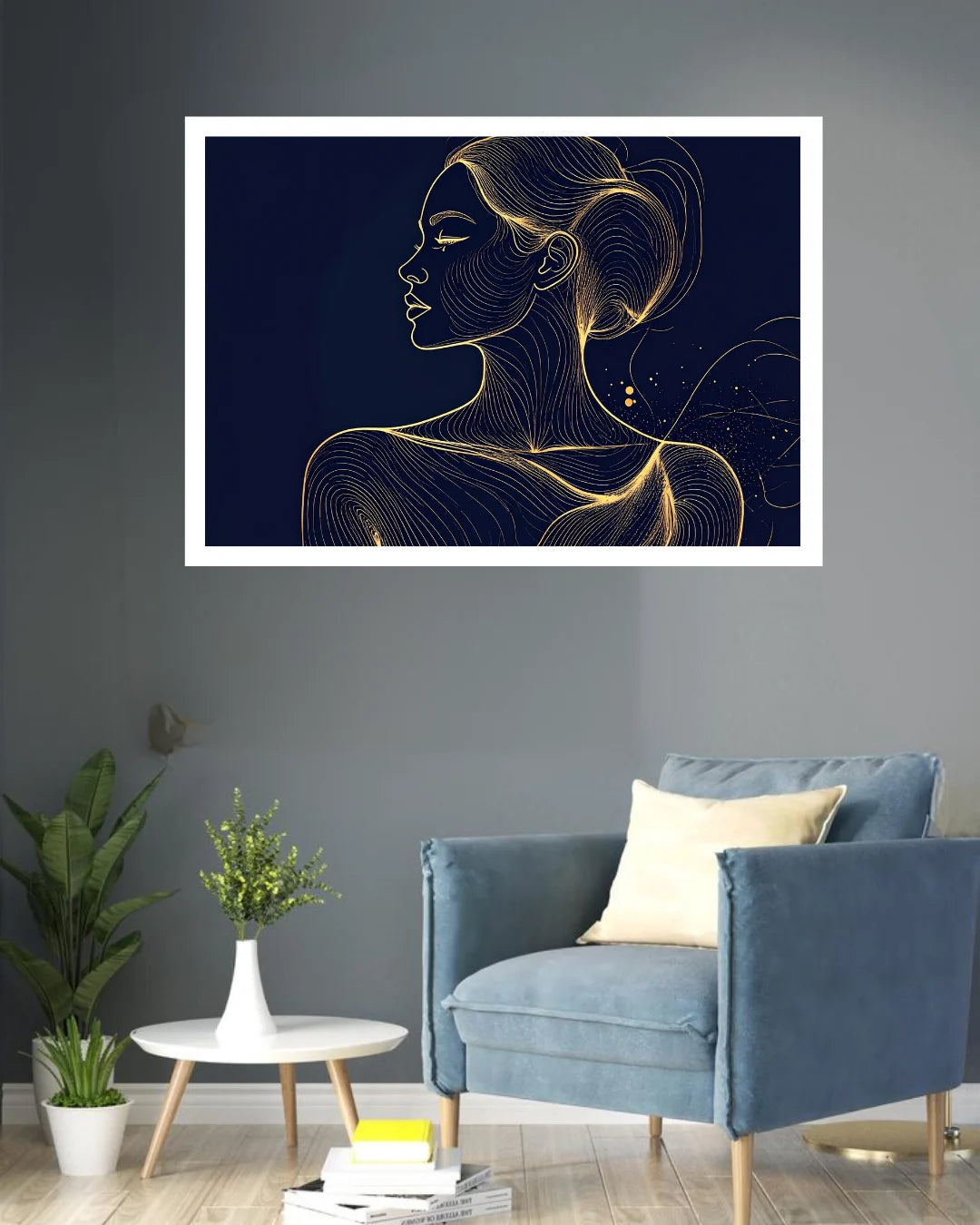 Golden Woman Navy Blue Line Art Wall Painting WallArtVibes