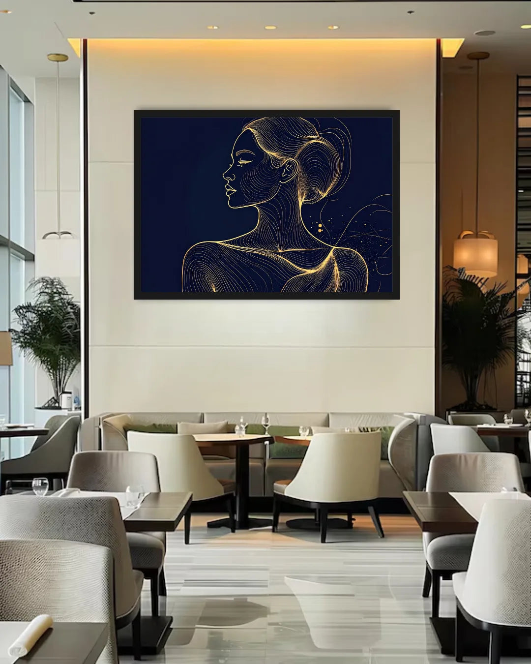 Golden Woman Navy Blue Line Art Wall Painting WallArtVibes