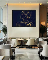 Golden Woman Navy Blue Line Art Wall Painting WallArtVibes
