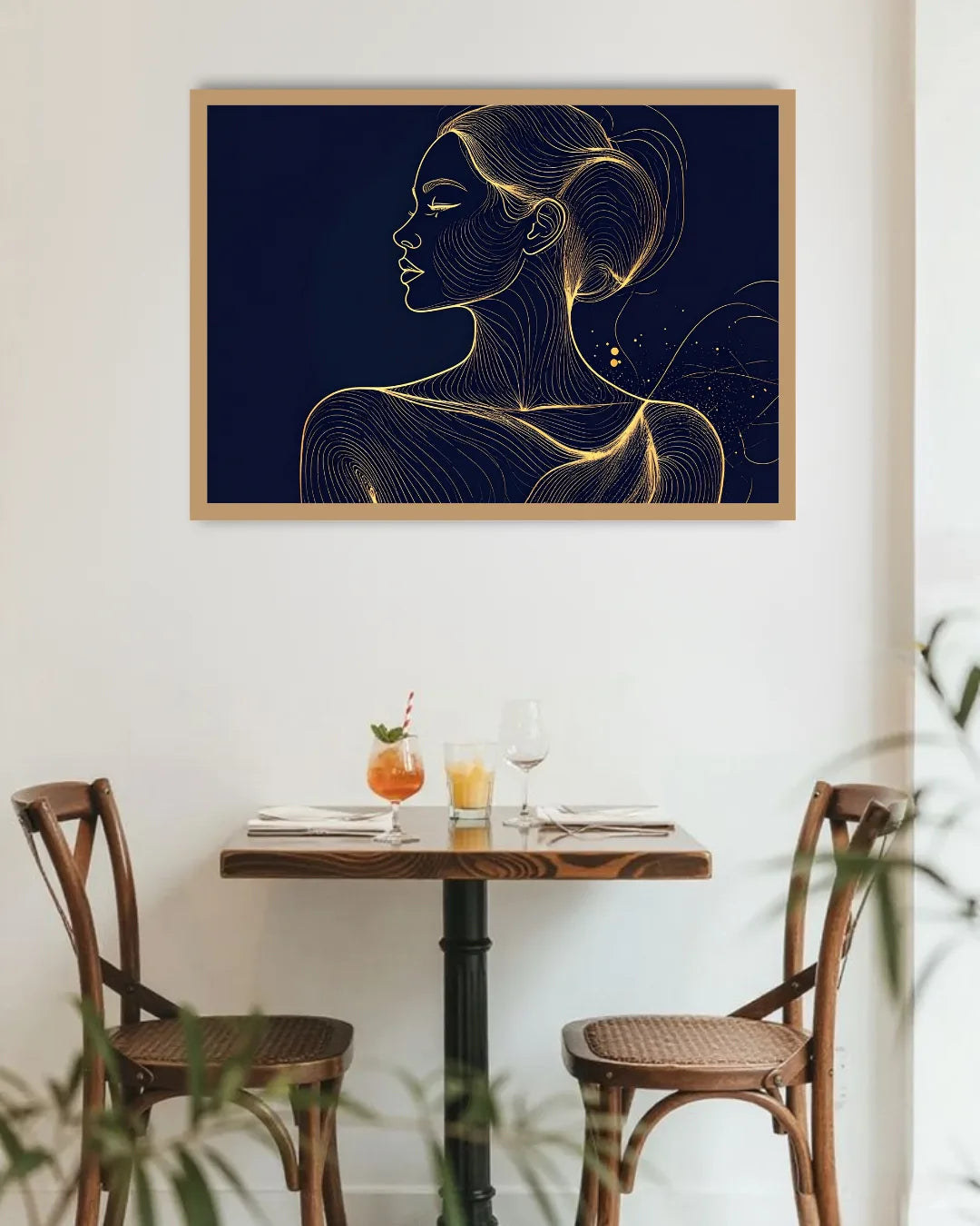 Golden Woman Navy Blue Line Art Wall Painting WallArtVibes