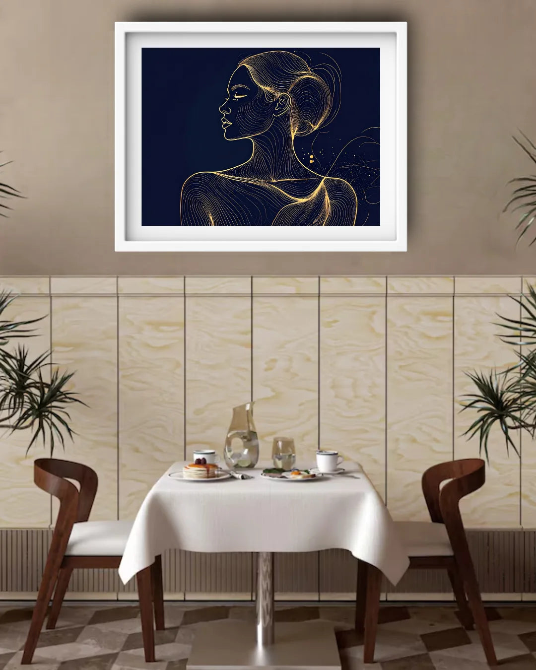 Golden Woman Navy Blue Line Art Wall Painting WallArtVibes