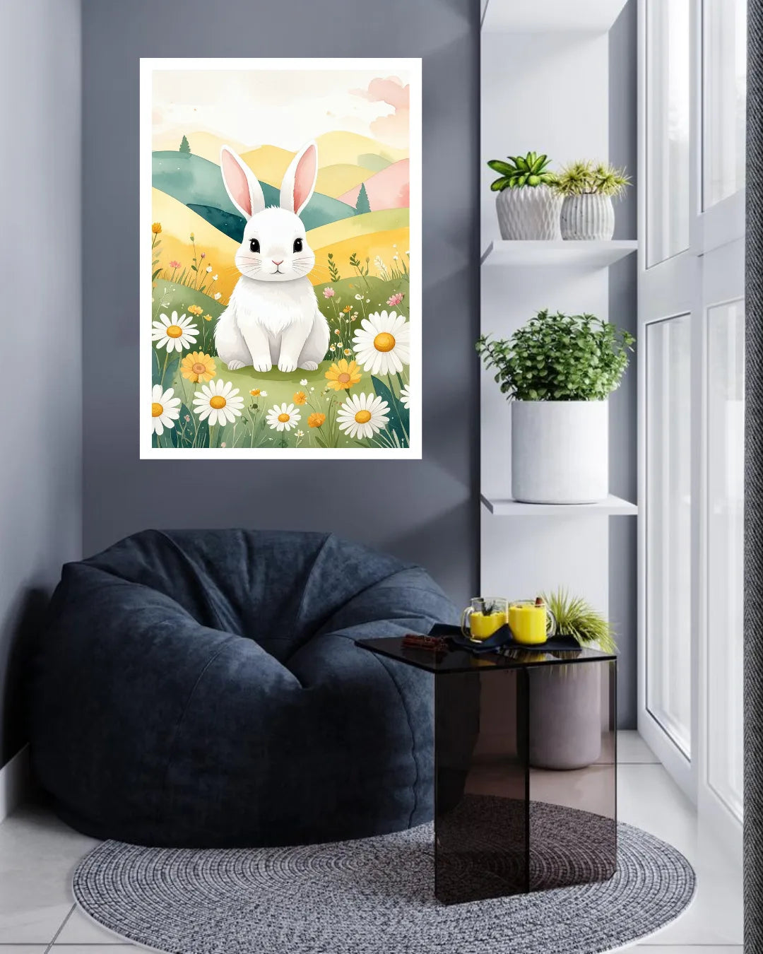 Cute White Bunny in a Spring Meadow – Wall Art Canvas