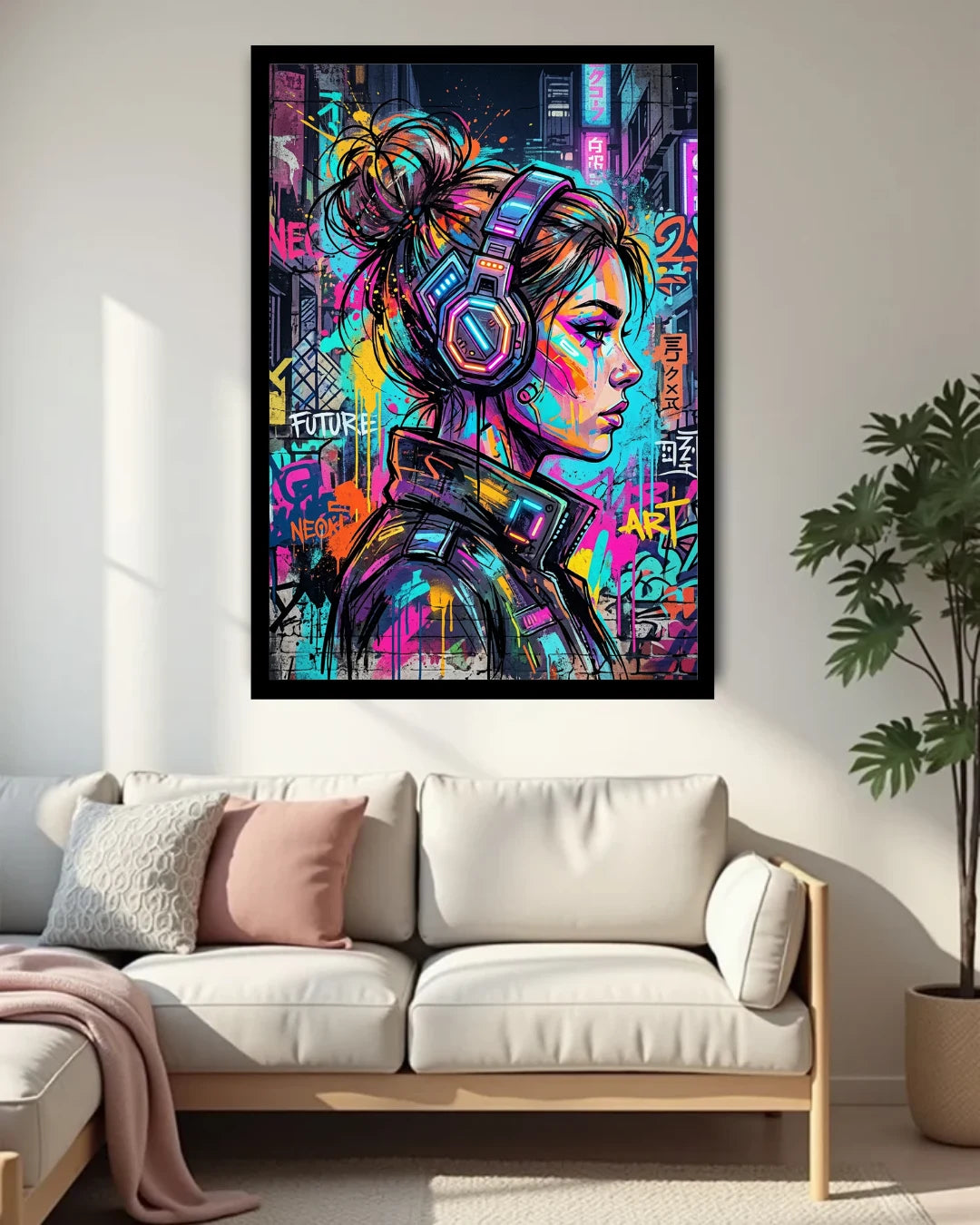 Colorful abstract art of a woman with headphones on a wall above a white sofa.