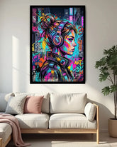 Colorful abstract art of a woman with headphones on a wall above a white sofa.