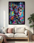Colorful abstract art of a woman with headphones on a wall above a white sofa.