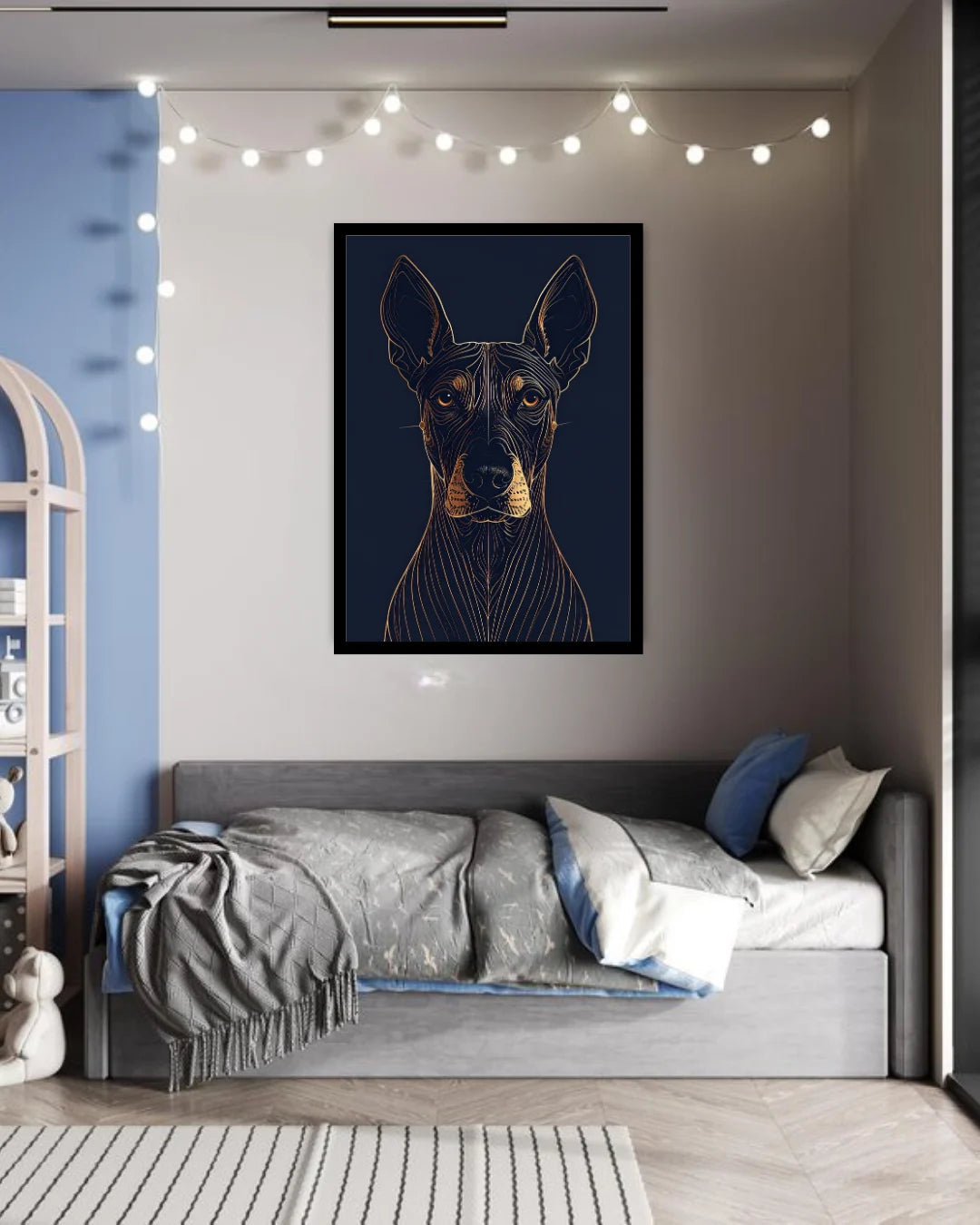 Golden Doberman Navy Blue Line Art Wall Painting WallArtVibes