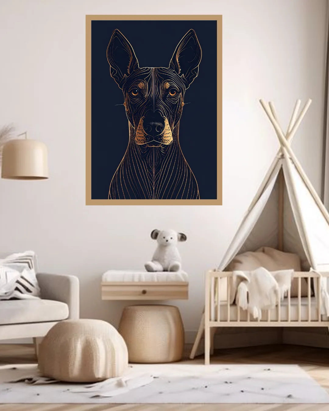 Golden Doberman Navy Blue Line Art Wall Painting WallArtVibes