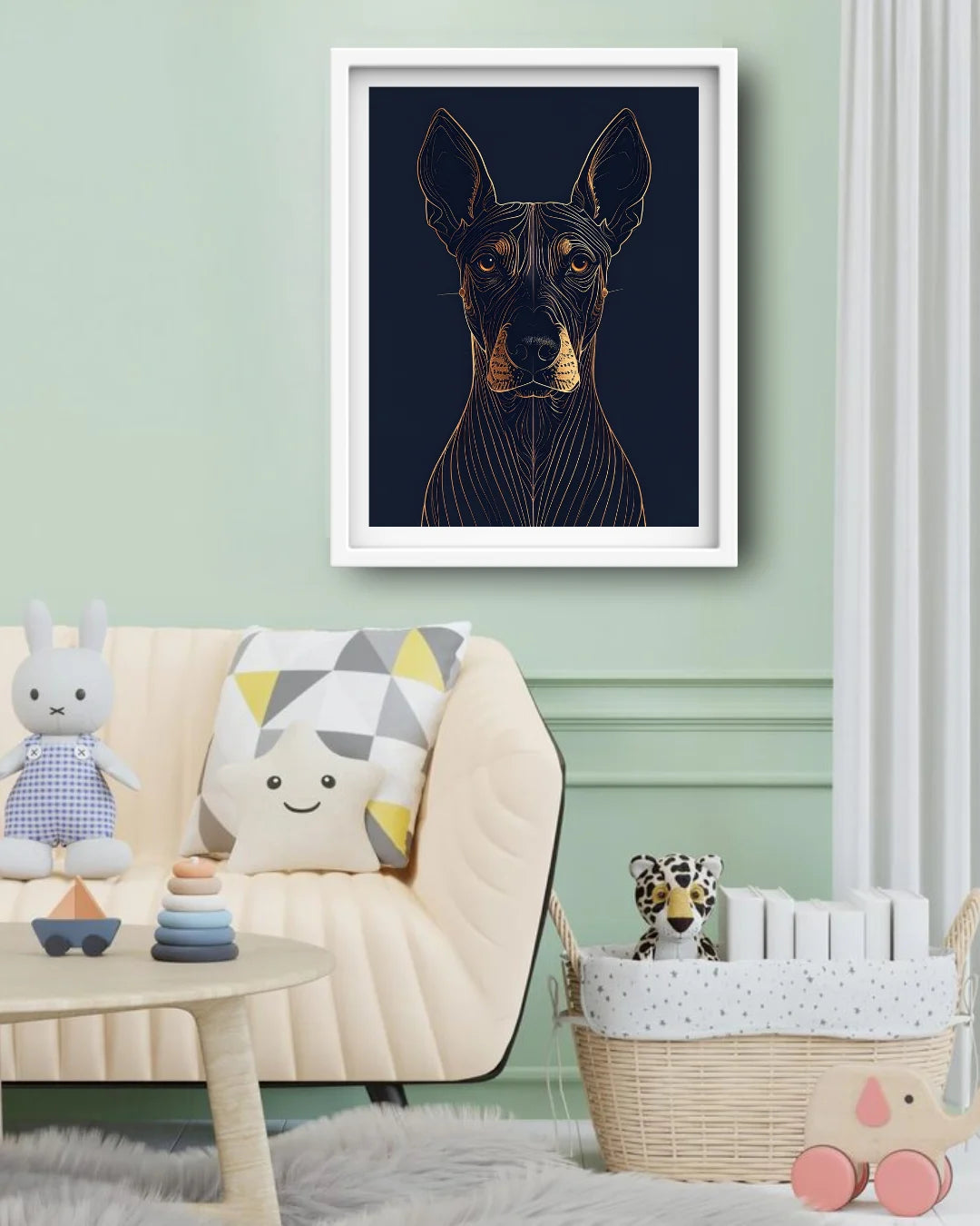 Golden Doberman Navy Blue Line Art Wall Painting WallArtVibes