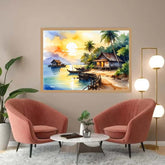 Tropical Beach Village Sunset Watercolor Painting – Wall Art Canvas WallArtVibes