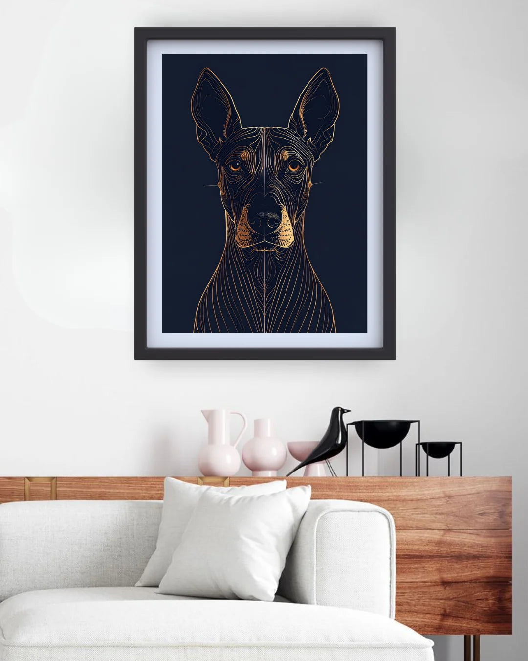 Golden Doberman Navy Blue Line Art Wall Painting WallArtVibes