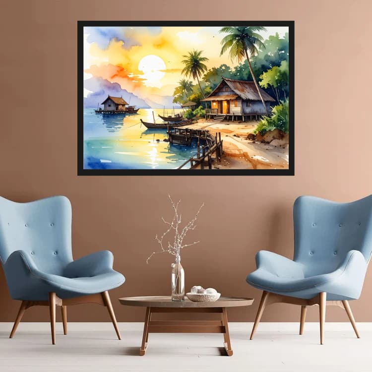 Tropical Beach Village Sunset Watercolor Painting – Wall Art Canvas WallArtVibes