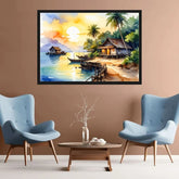 Tropical Beach Village Sunset Watercolor Painting – Wall Art Canvas WallArtVibes