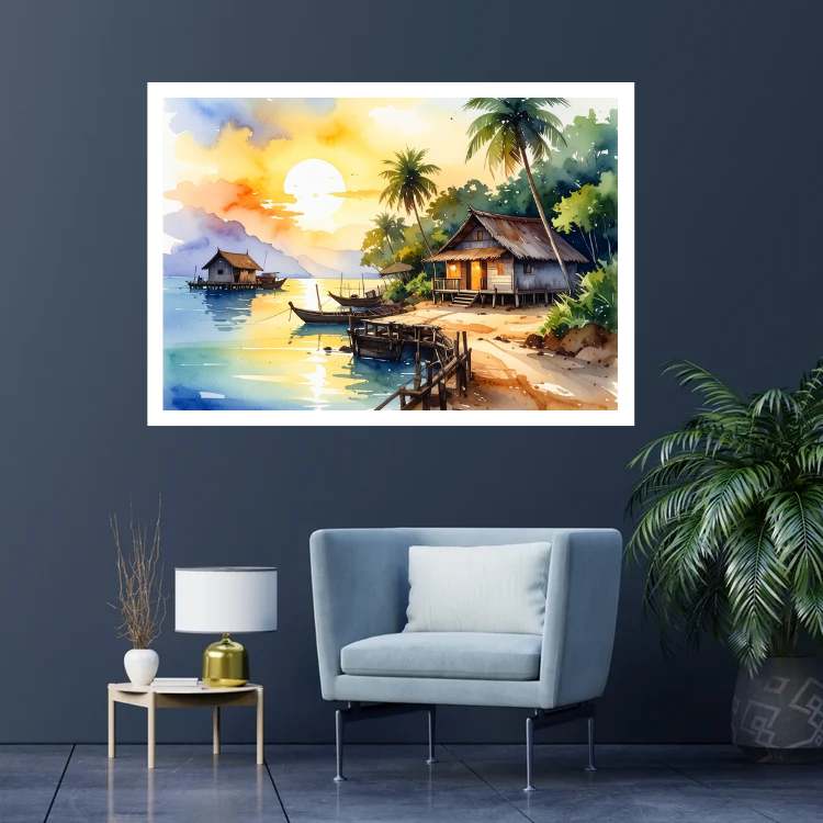 Tropical Beach Village Sunset Watercolor Painting – Wall Art Canvas WallArtVibes