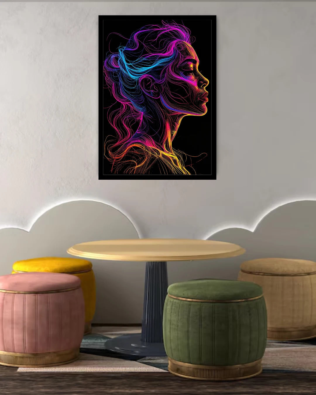 Neon Woman Colorful Line Art Portrait Painting WallArtVibes